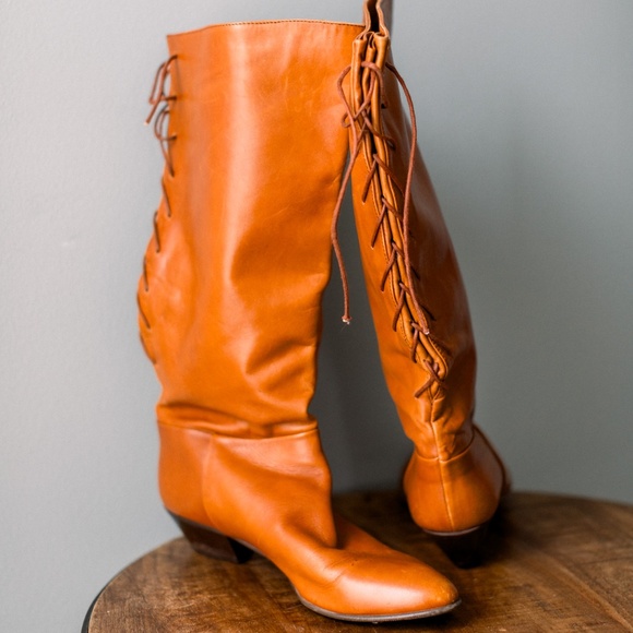 Sudini Vintage - Golden Caramel Italian Leather - Lace Back Boots -W Size 9 - Picture 4 of 11